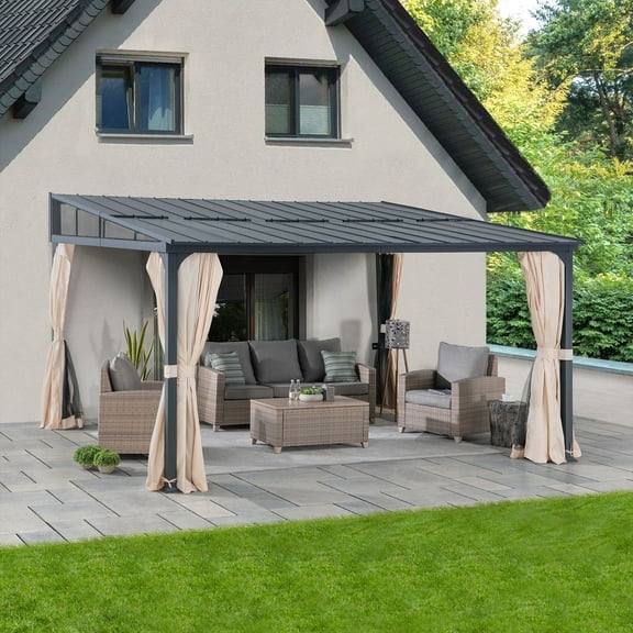 Sunjoy 12’ x 14’ Wall Mounted Gazebo with Powder Coated Steel Roof, Black Aluminum & Metal Frame Lean to Gazebo with Curtains and Netting