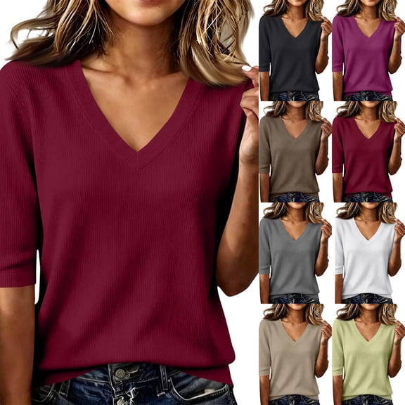 Half Sleeve Tops Women Summer Ribbed Knit V Neck Top Lightweight Pullover Sweater Shirt Dressy Casual Blouses,L,Wine