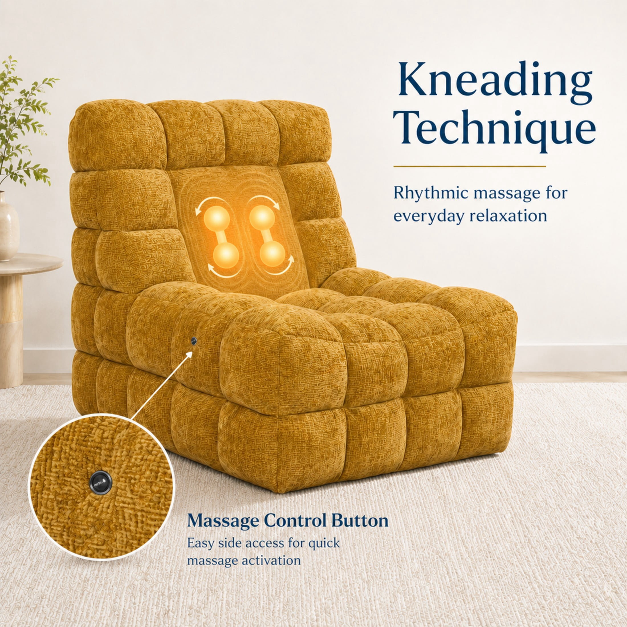 Aenkyo Chenille 2D Roller Massage Sofa Chair, Lounge Accent Chair with Pillow, Yellow