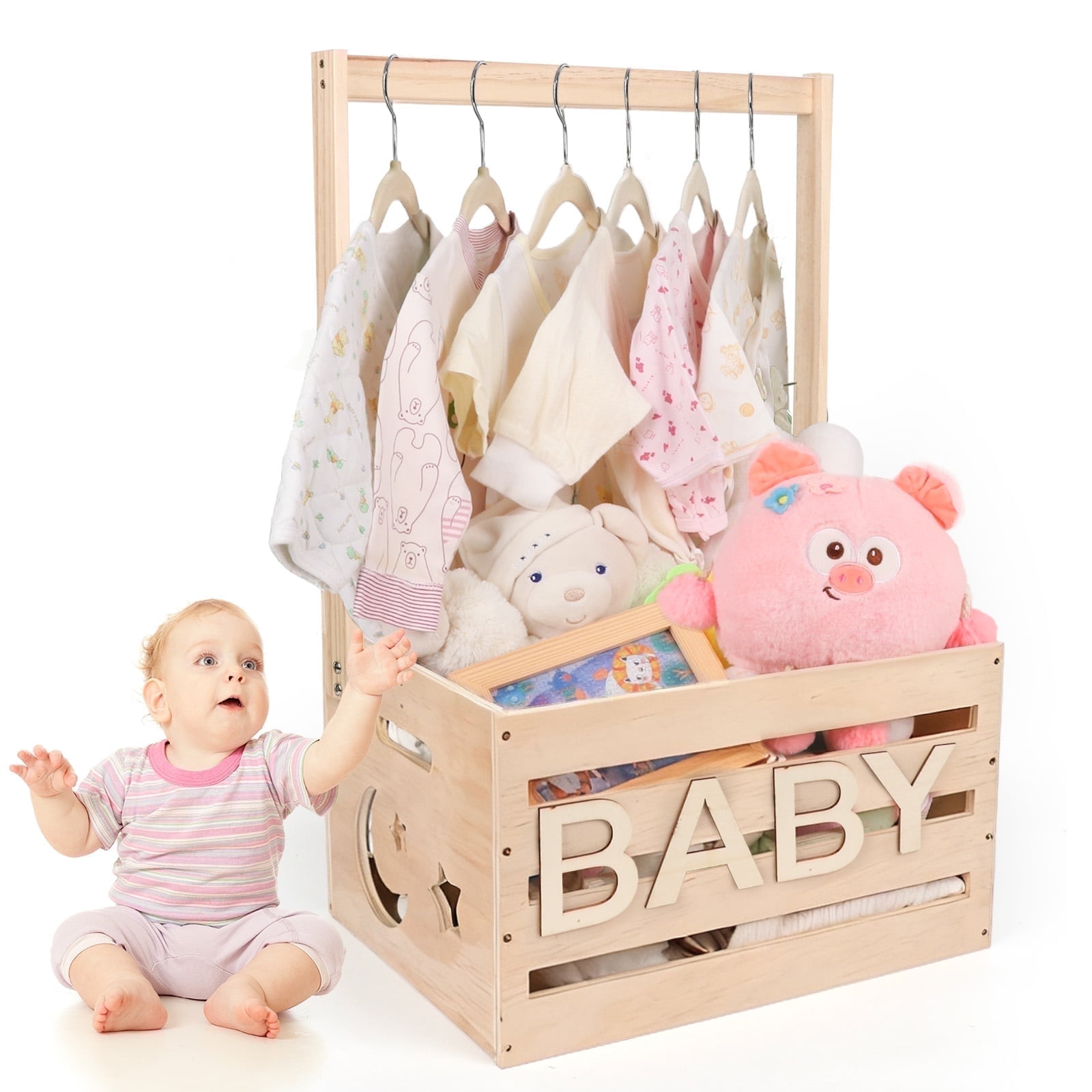 Larger Size-Baby Shower Crate Closet, Wooden Baby Shower Baskets with Handle, Personalized Wood Crate for New Baby Gift