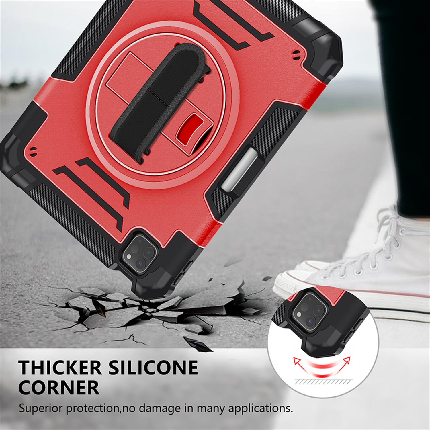 Shockproof Case for Apple iPad Pro 11 Inch 2024 M4, with Pencil Holder Military Grade Protection Rotating Stand Hand Strap Shoulder Strap Bumper Rugged Case for iPad Pro 11" 2024, Red