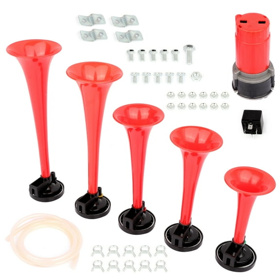 SCITOO 5 Trumpet Musical Dukes Hazzard Horn Kit Compressor12V 105db, Dixie Musical Air Horn Plastic(redï¼‰pumpï¼ˆred) Easy to Install, Electric Trains Horns for Any 12V Vehicles