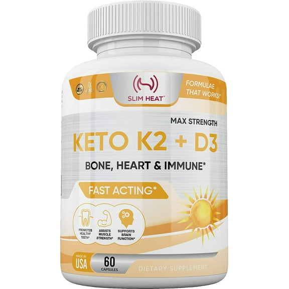 Slim Heat Keto K2   D3 Supplement, Vitamin D3 5000 IU & K2 100mcg with Calcium & Bioperine, Bone, Heart & Immune Support - All Natural, Non-GMO, 30 Day Supply, Made in USA