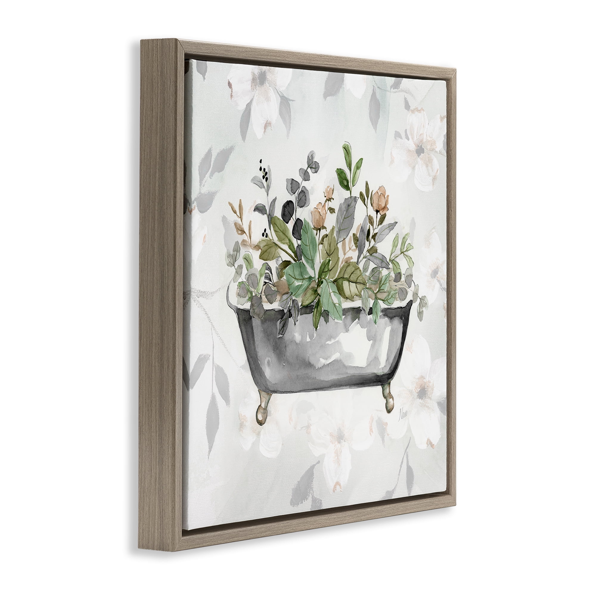 Stupell Industries Leaf Patterned Bath Typography Painting Brown Floater Framed Canvas Art Print Wall Art, 18 x 18