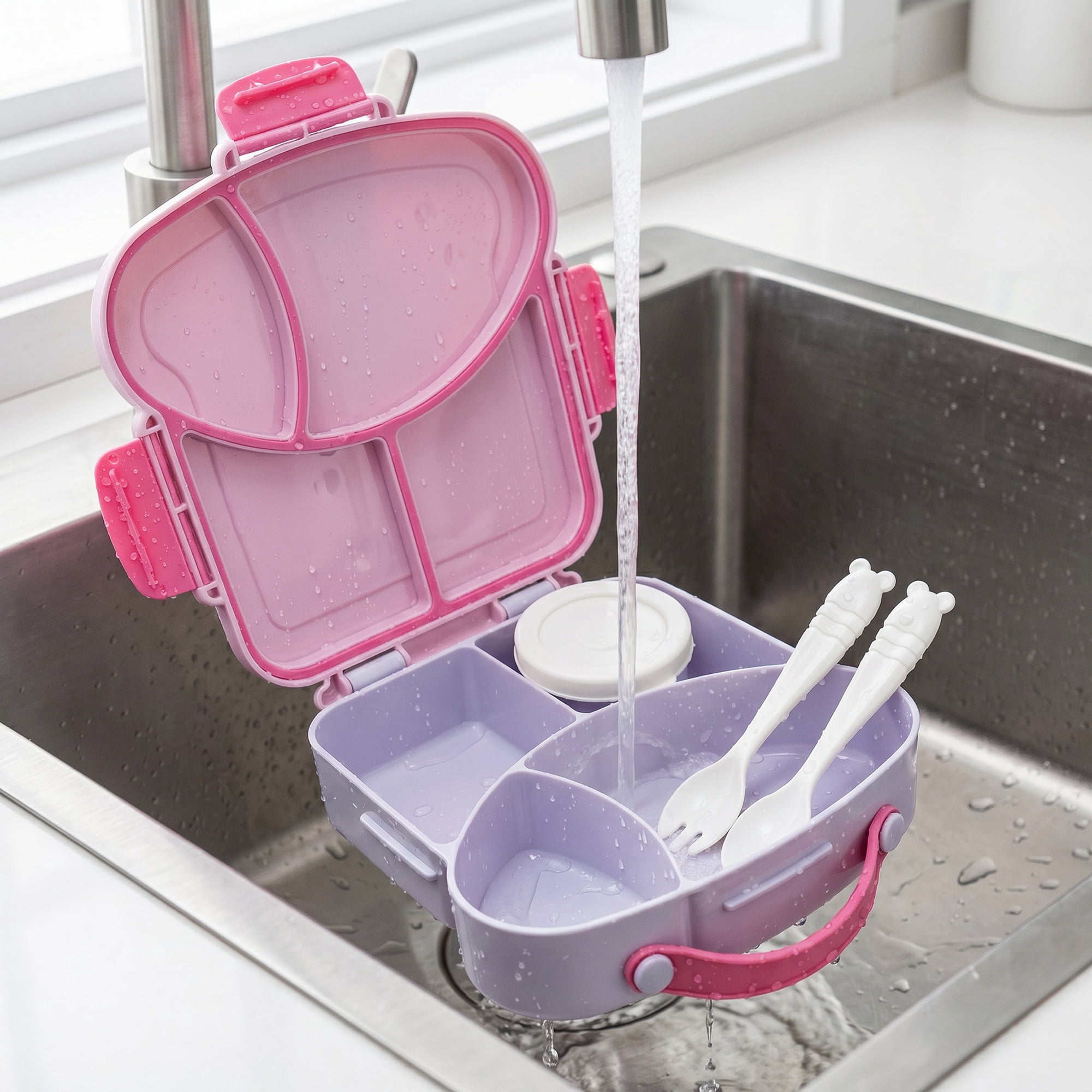 Unique Bargains 4-Compartment Meal Lunch Bento Box with Matching Cutlery Taro Purple