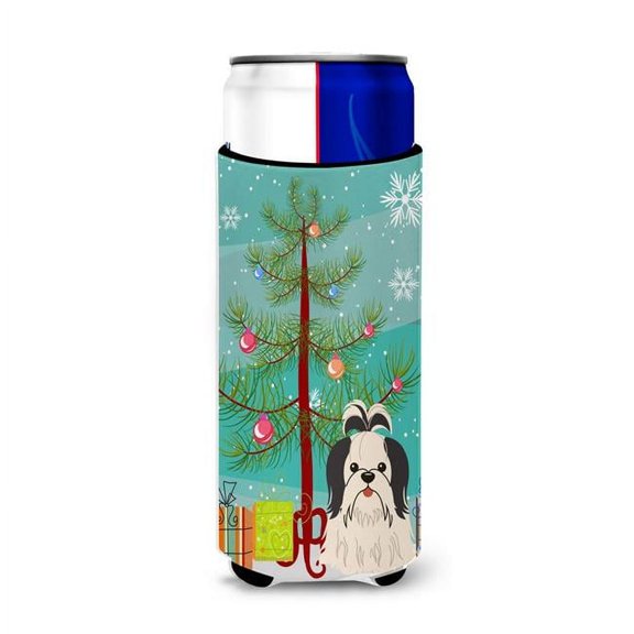 Merry Christmas Tree Shih Tzu Black & White Michelob Ultra Hugger for Slim Cans