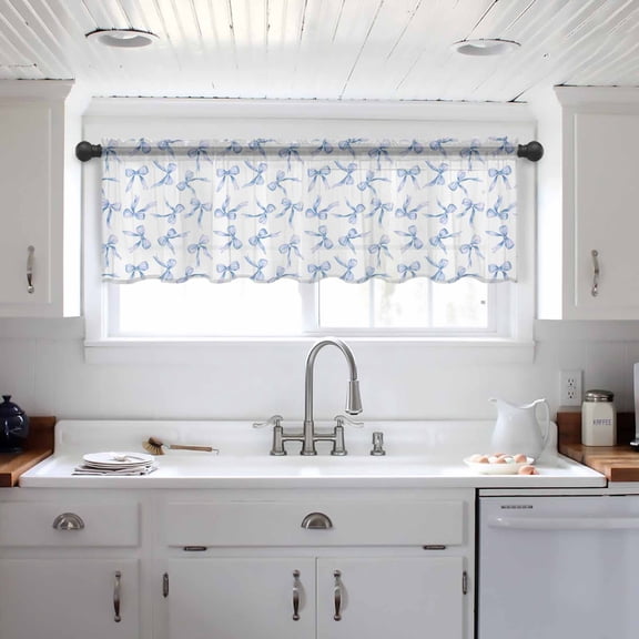 Purple Blue Bow Ribbon Valance Curtains for Kitchen/Living Room/Bathroom/Bedroom Window, Vintage Modern Art Bowknot Rod Pocket Small Topper Half Short Window Curtains Voile Sheer Scarf 42"x12"