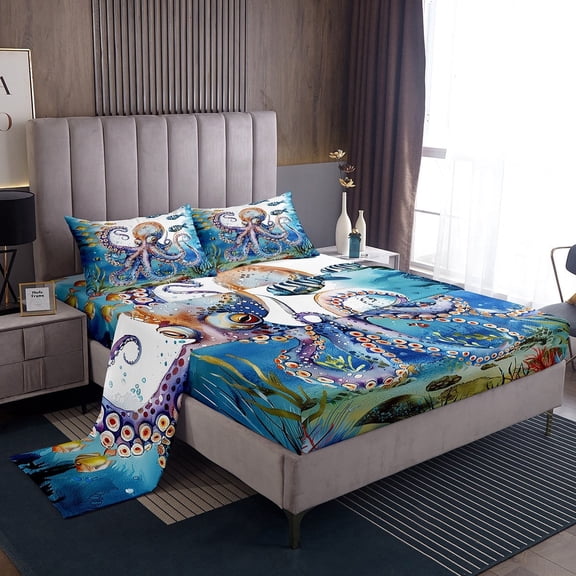 Erosebridal Ocean Octopus Bed Sheets Set King Size,Blue Marine Life Nautical Bedding Set Bedroom Decor,Coastal Sea Fish Sheets Underwater Animal Fitted Sheet Set 4Pcs