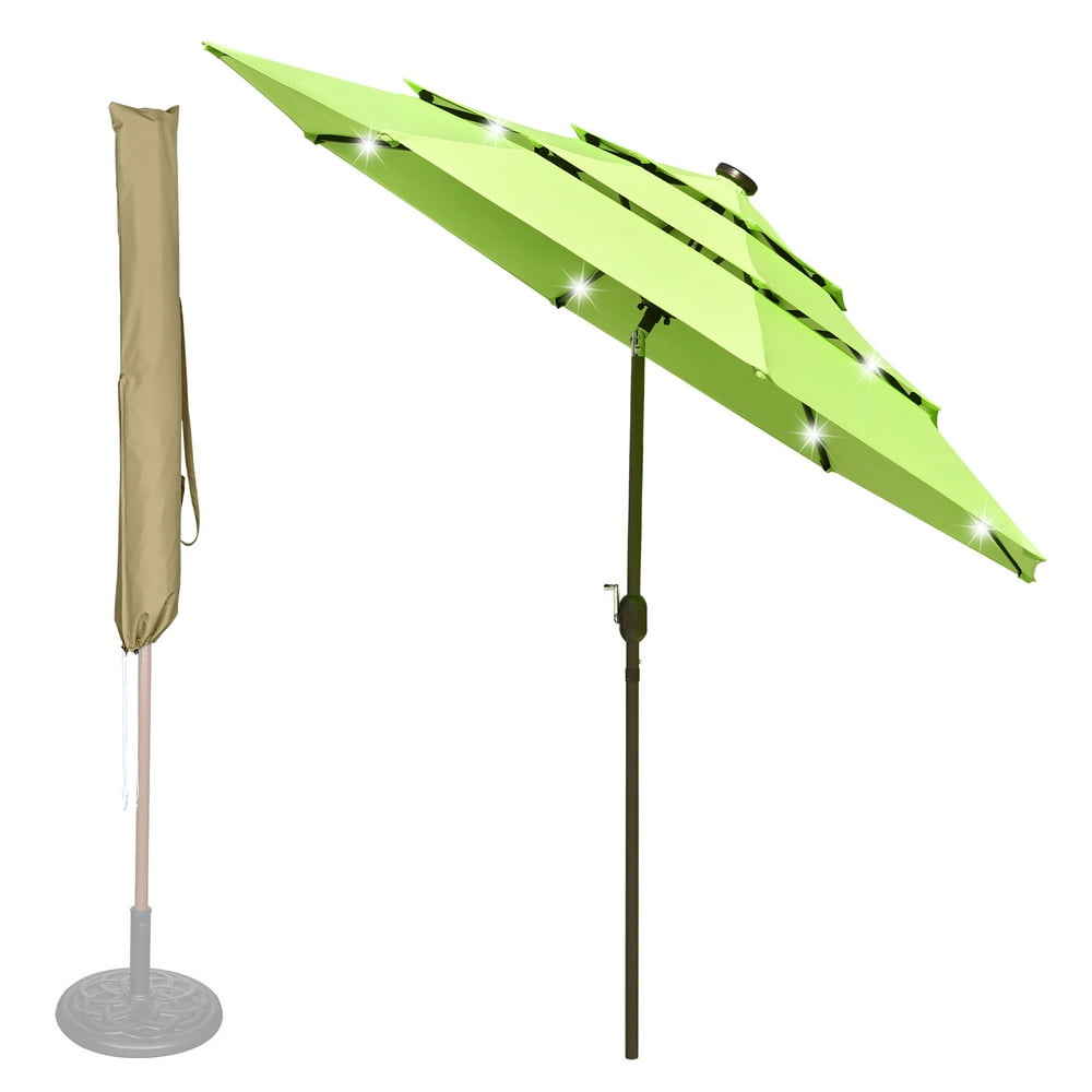 9 Ft 3 Tier Patio Umbrella with Protective Cover Solar LED Crank