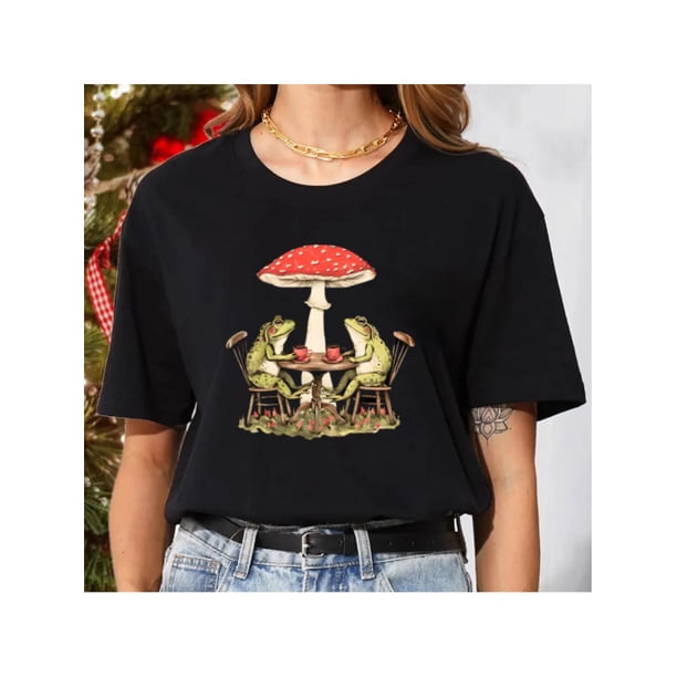 Camisetas de manga corta para mujer, camisetas de verano estampadas, cómodas, divertidas y casuales, para vacacionesINAWLY Frog Drinking Tea, Mushroom Aesthetic Round Neck Women Graphic T-Shirt Grap