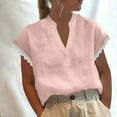 thumbnail image 2 of GigrtiJin Womens V-Neck Lace Patchwork Tops Solid Color Linen Short Sleeved Blouse Summer Cotton Comfy Shirt, 2 of 8