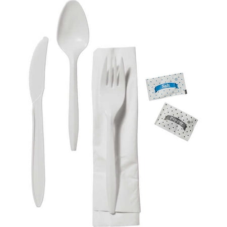 Pupper Weight - Vital Six Piece Plastic Meal Kit: Napkin, Salt and Pepper, Medium-Heavy Weight Fork, Knife, and Teaspoon, 250 COUNT
