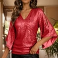 thumbnail image 2 of zaveiop Womens Sparkly Sequin Tops,3/4 Sleeve Glitter Party Dressy Blouse,V-Neck Disco Evening Club Concert Shirt (Red, 3XL), 2 of 6
