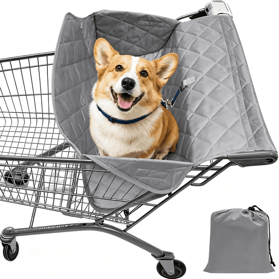 AOMRCOL Shopping Cart Cover for Dogs with Storage Bag, 22.5 x 14.5 Inch | Quilted Pet Grocery Cart Seat Protector Pad with Safety Buckle, Washable Portable Cart Cover for Small Dogs Standard Carts