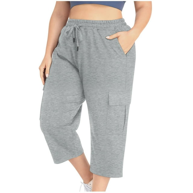 Summer Savings! Plus Size Capris for Women Horkkom Elastic Waist Drawstring Cargo Sweatpants with Pockets Casual Solid Color Fall Outfits for Women 2025 Gray L