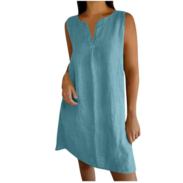 Cinvoph Robe d'Été Femme Col en V Sans Manches Unie Décontractée Ample Plage Midi