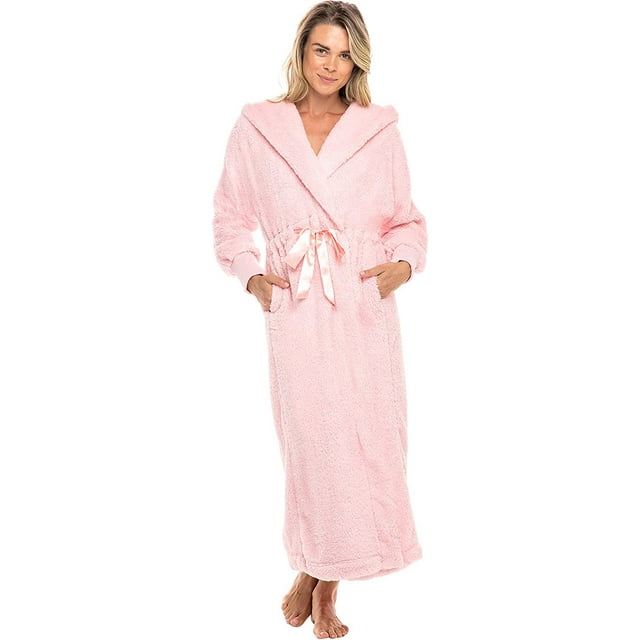 Women's Plush Fleece Robe with Hood, Long Warm Solid Bathrobe