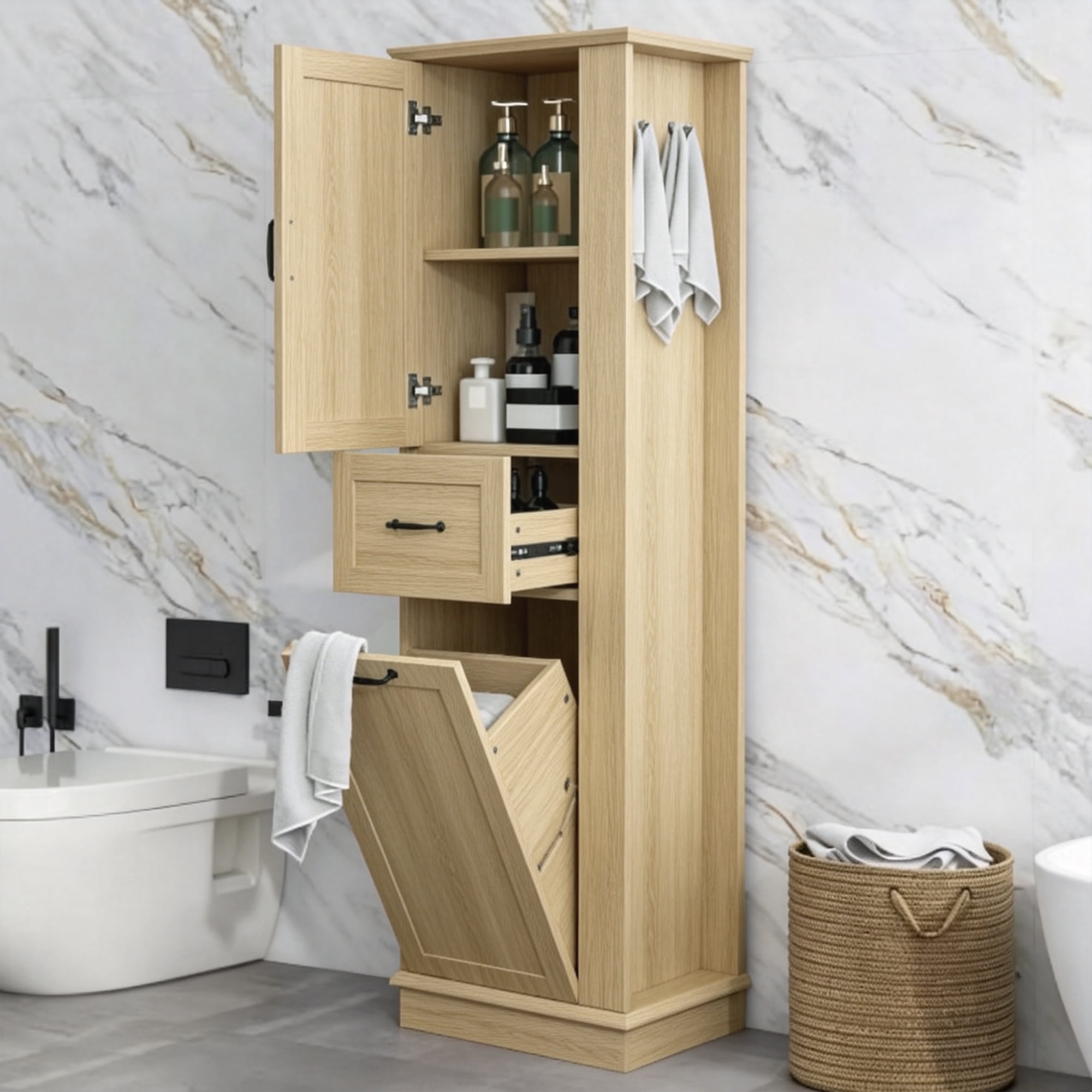 Anpport 67.8" Tall Storage Cabinet, Soft Close Doors & Adjustable Shelves, Freestanding Organizer for Bathroom & Home Organization, Natural