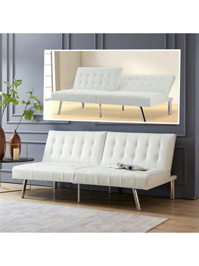 Naomi Home Tufted Split Back Futon Sofa Bed, Faux Leather Couch Bed, Futon Convertible Sofa Bed with Metal Legs, Folding, Reclining Small Convertible Couch, Futon Couches for Living Room White
