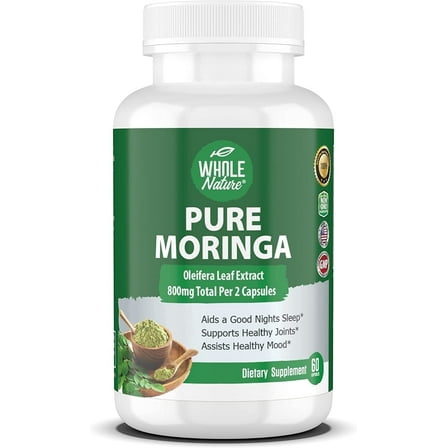 Whole Nature Moringa Capsules, 60 Count Pure Moringa Oleifera Leaves Powder Superfood Greens Immune Support Supplement