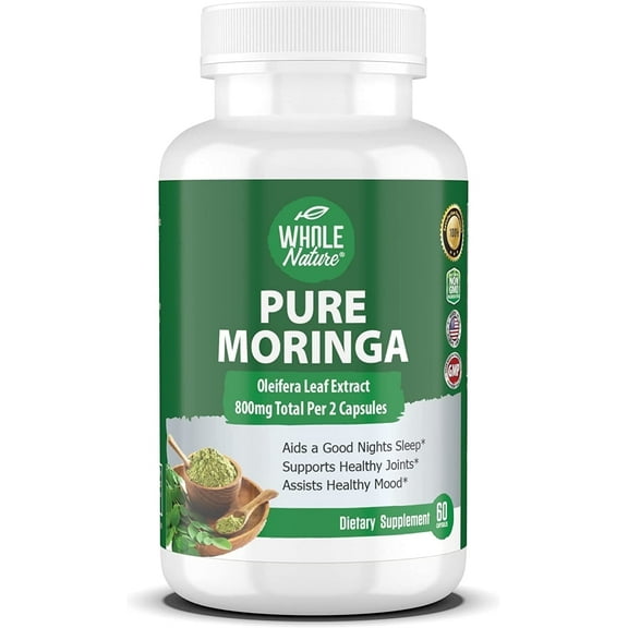 Whole Nature Moringa Capsules, 60 Count Pure Moringa Oleifera Leaves Powder Superfood Greens Immune Support Supplement