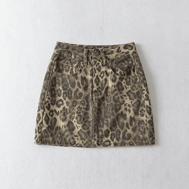 Falda vaquera mini versátil con estampado de leopardo, cintura alta, efecto adelgazante que levanta la cadera, estilo europeo americano, transfronterizo, otoño e invierno