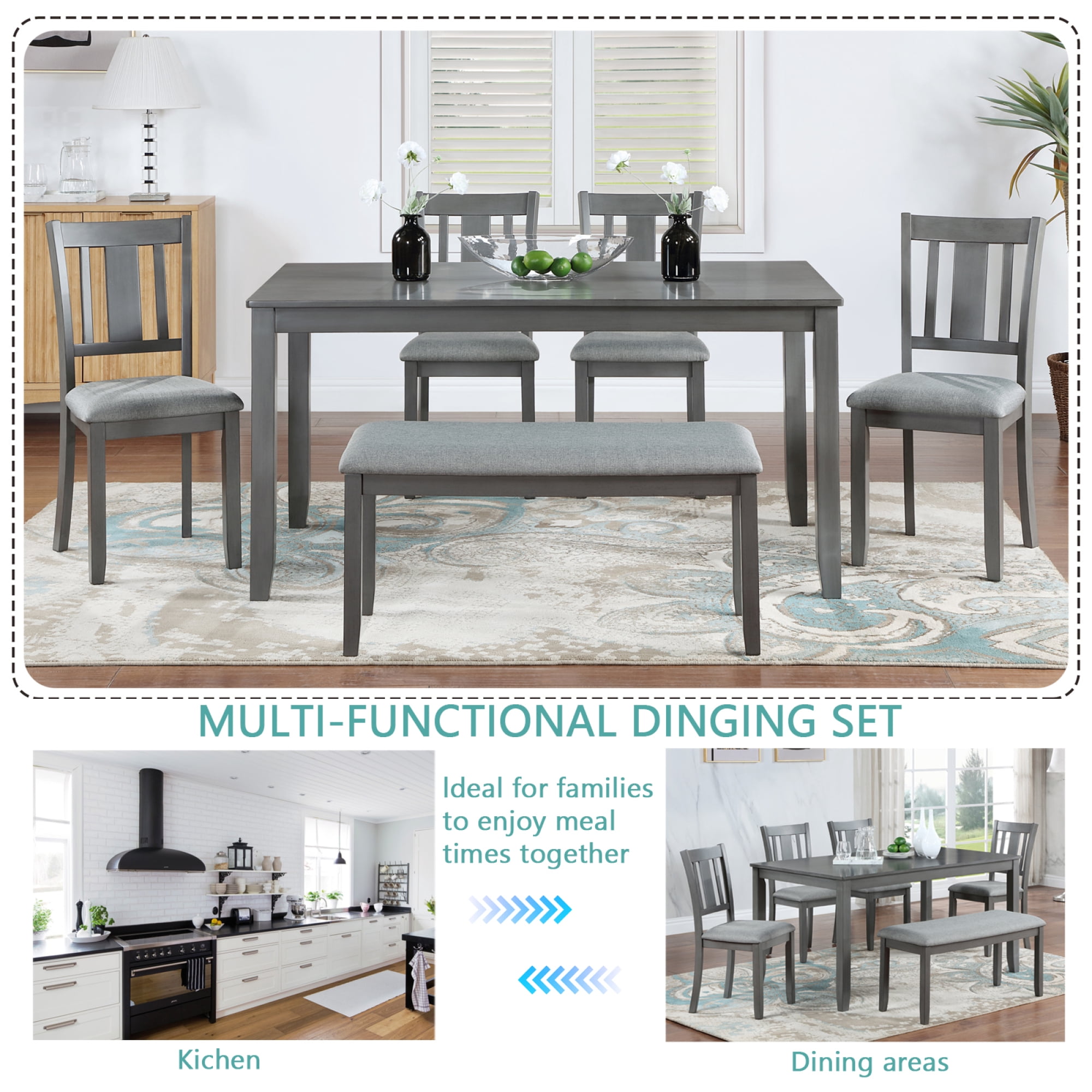 Leumius 6 Piece Kitchen Dining Set,Wood Rectangular Kitchen Table with 4 Upholstered Chairs and a Bench,Dining Table Set for 6 People,Kitchen Dining Table Set for Living Room, Home Bar and Kitchen