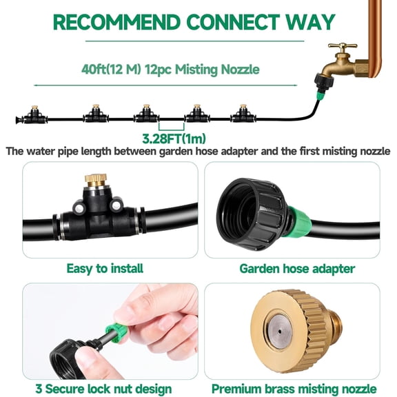 PYYAN-40FT Misters for Outside Patio, Misting Cooling System Anti Leak, Misting Line with 12 Brass Mist Nozzles and Adapter(3/4"), DIY Water Misters for Garden Greenhouse Fan BBQ Party Pool