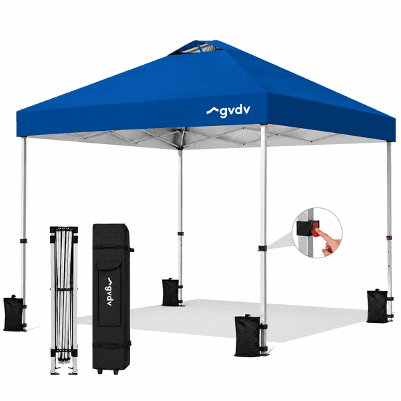 GVDV Canopy Tent, 10x10 Pop up Canopy Outdoor Shade with Wheeled Bag, Easy up Sun Shelter with Vents, Blue