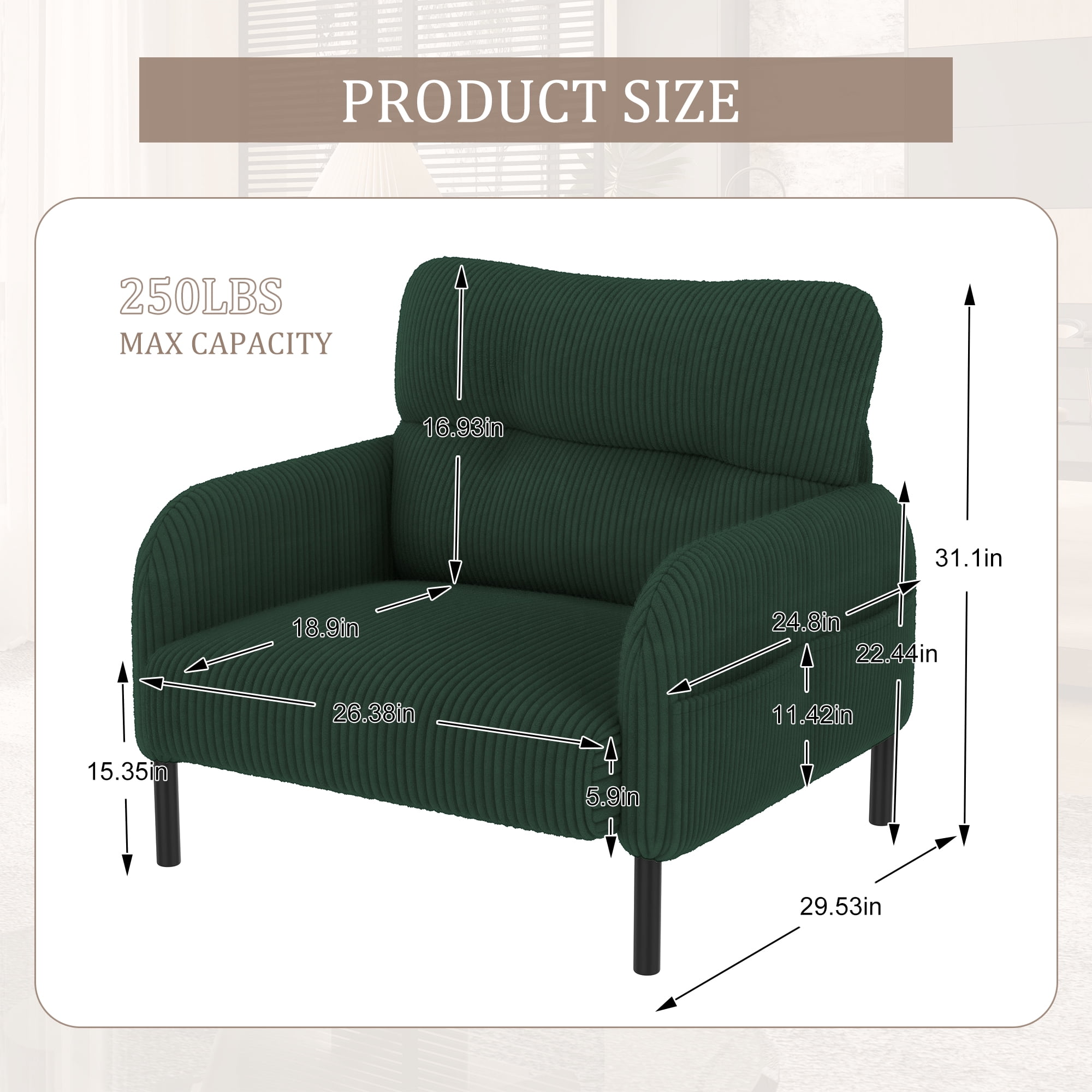 MOONMISS Corduroy Upholstered Comfortable Single Wood Frame Armchair for Living room and Bedroom-Emerald