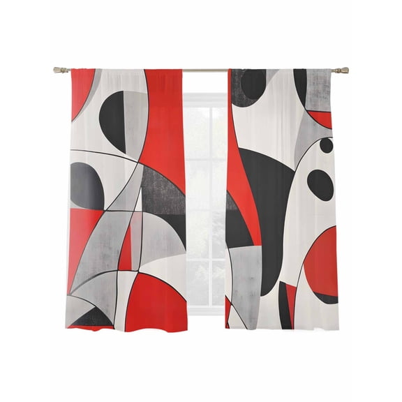 Black And Red Sheer Curtains for Living Room Bedroom, Light-filtering Sheer Curtain, Geometric Classic Rod Pocket Voile Window Treatment Drapes, 52’’Wx63’’L, 2 Panels Set