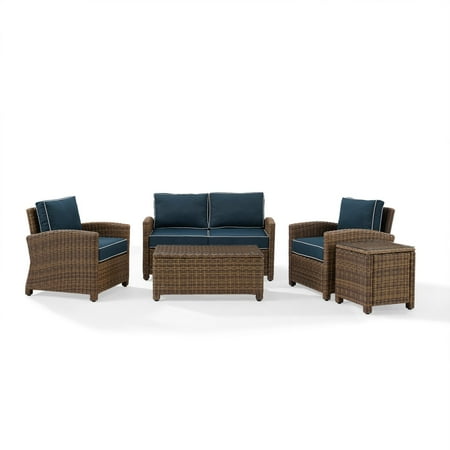 Blue Wicker Outdoor Furniture Crosley Furniture Bradenton 5-Piece Outdoor Wicker Conversation Set with Navy Cushions - Loveseat, Two Arm Chairs, Side Table & Glass Top Table ()
