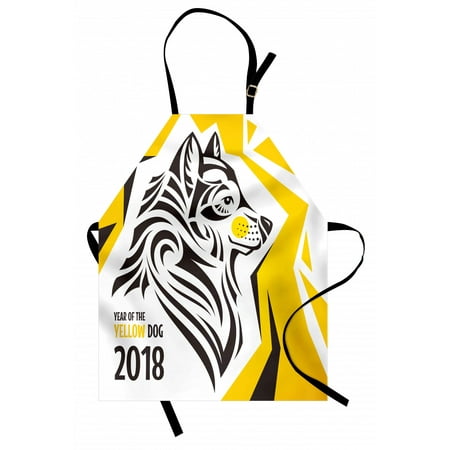 

Year of the Dog Apron Oriental Geometric Design with Abstract Canine Motif New Year Unisex Kitchen Bib Apron with Adjustable Neck for Cooking Baking Gardening Charcoal Grey Yellow by Ambesonne