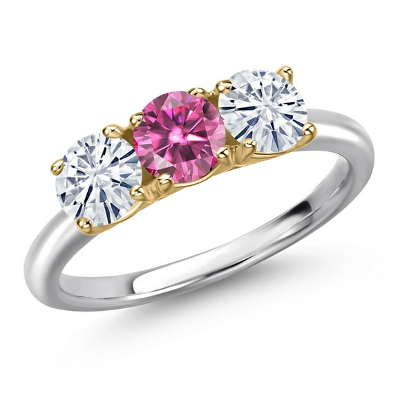 Gem Stone King 10K Two Tone Gold Pink Moissanite and White Moissanite Engagement Ring for Women | 1.50 Cttw | Round 5MM | Gemstone Birthstone | Size 8