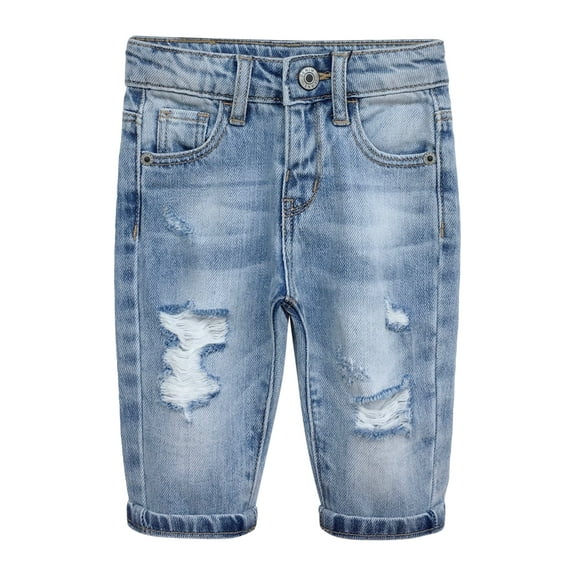 KIDSCOOL SPACE Infant Jeans,Baby Toddler Elastic Band Inside with D-ring Distressed Soft Denim Pants,Light Blue,12-18 Months