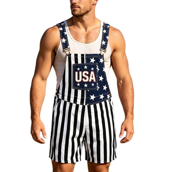 Mens American Flag Overalls Shorts Patriotic USA Print Loose Fit Bib Coveralls for Men Fourth of July Casual Summer Jumpsuit
