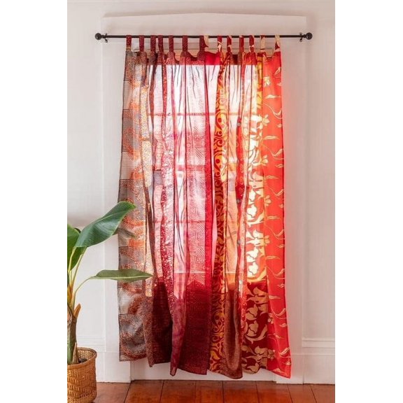 KLAVATE Indian Saree Silk Curtain Patchwork Saree Bohemian Ethnic Wall hanging Curtains Light Filtering Drape Window Decor Set of 2 Panels