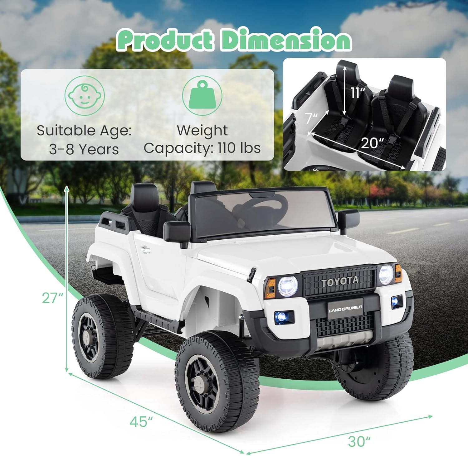 Licensed Toyota LC250 24V 2 Seater Ride on Truck by OLAKIDS, 2WD/4WD Battery Powered Vehicle with Remote Control, 3 Speeds, Music, Lights, Kids Electric Car for 3+ Boys Girls
