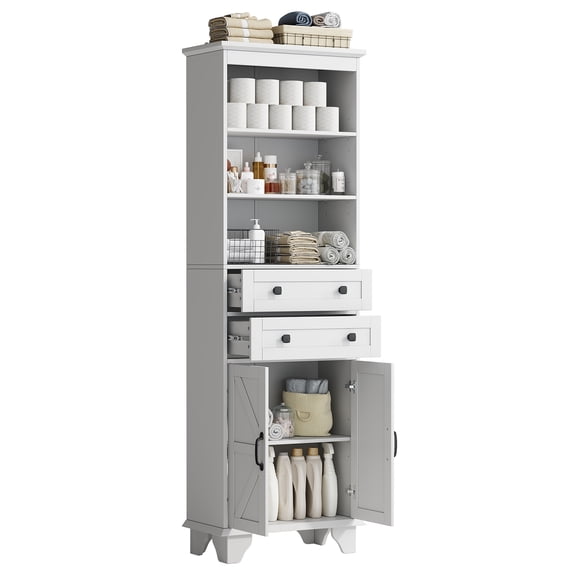 NEGYLIM 72" Tall Bathroom Storage Cabinet, Freestanding Linen Cabinet with 2 Drawers & Adjustable Shelves, White