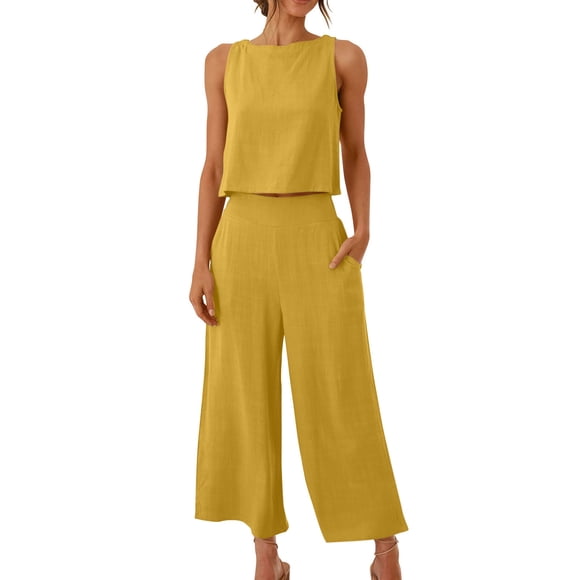 Summer Casual Outfits for Women Cotton Linen Boho Tank Top with Wide Leg Pants Capris Lounge Two Piece Outfit Sets