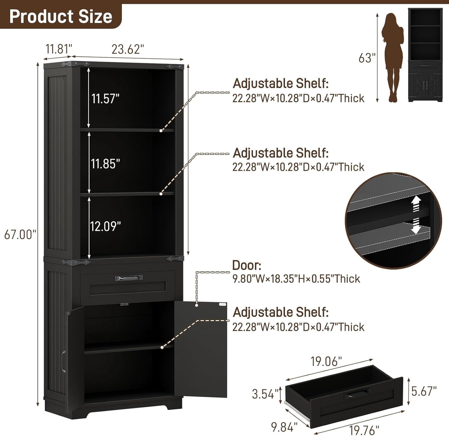 Vabches 67" Tall Bookcases with Drawer and Doors, 5-Tier Farmhouse Bookshelf, Bookcase for Living Room Home Office