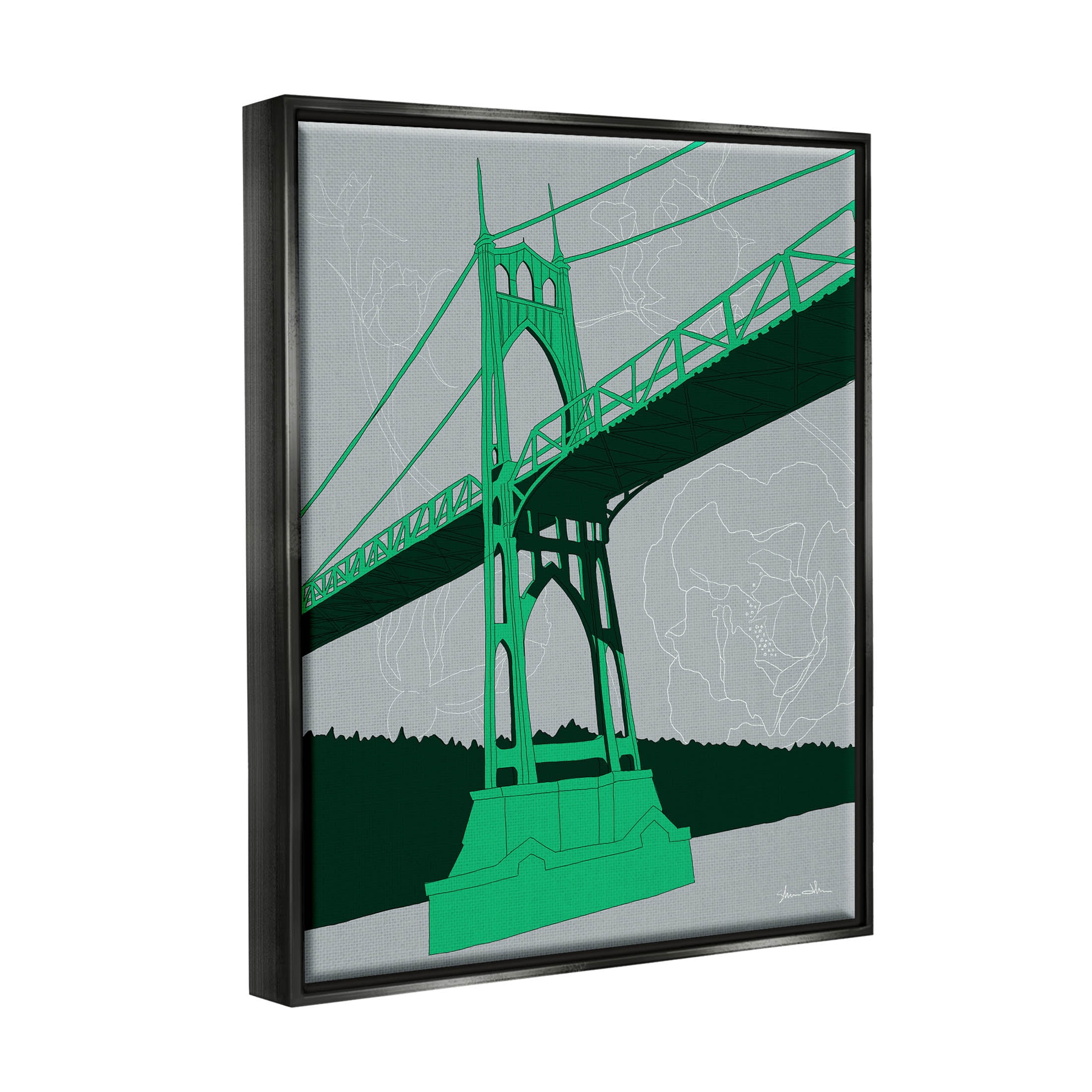 Stupell Industries Modern Floral Bridge Architecture Graphic Art Jet Black Floating Framed Canvas Print Wall Art, Design by Shane Donahue