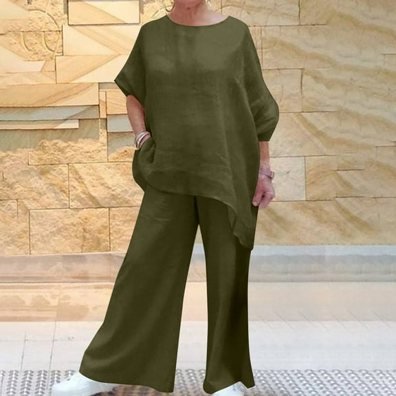 Women's 2 Piece Outfits Clearance Women's Solid Round Neck Collar Long Sleeve Pullover Shirt Tops Pants Trousers Set Wide Leg Pants