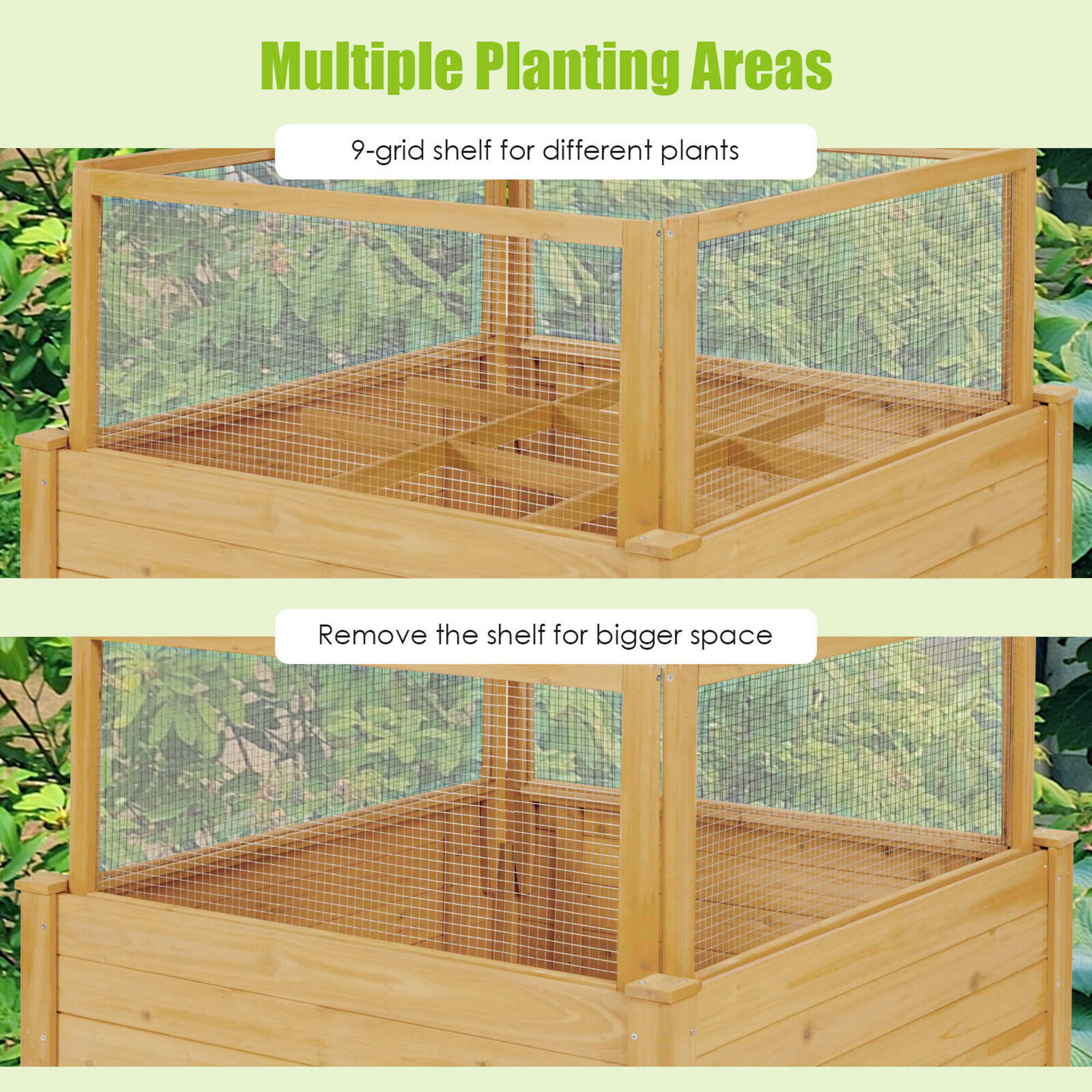 Gymax Raised Garden Bed Guard Fence Wooden Garden Box with 9 Grids & Critter