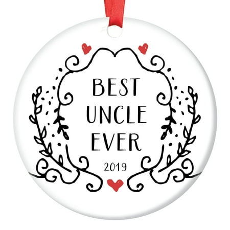 Best Uncle Ever Christmas Ornament 2019 Pregnancy Announcement Present Niece Nephew Sister Brother Baptism Keepsake Dated Tree Decoration Simple Black & White Sketched Greenery Ceramic 3