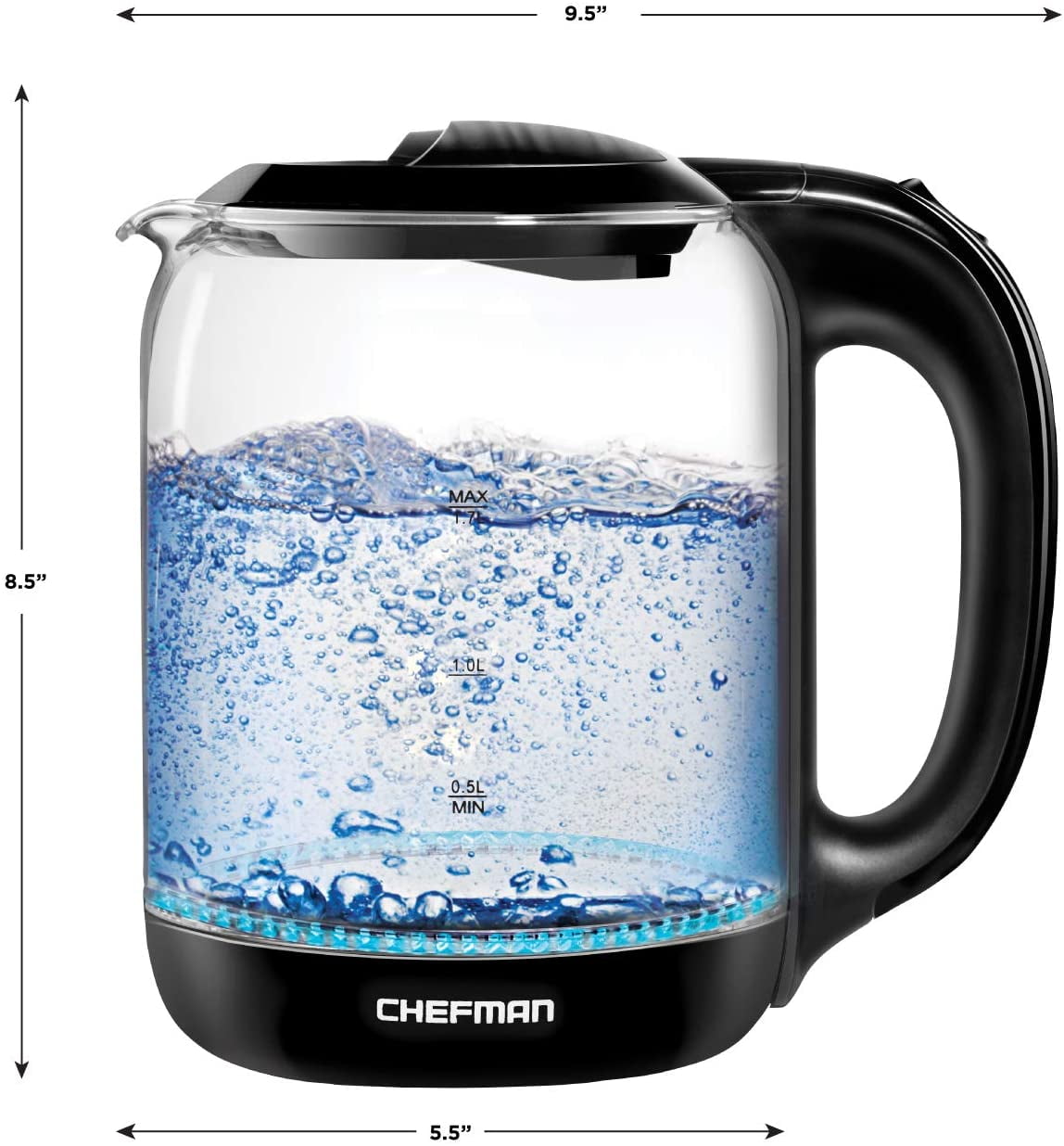 Chefman 1.7 Liter Electric Glass Tea Kettle with One Touch Easy Operation - Black, New