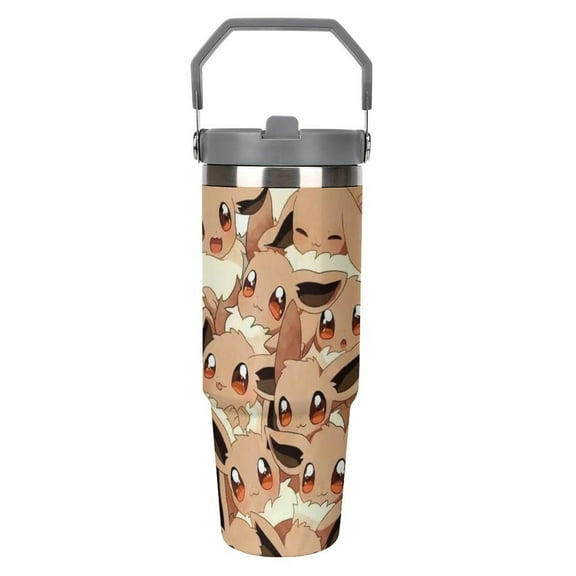 Pokémon Pikachu Eevee Face Stainless Steel Tumbler Car Cup 30 Oz with Handles, Vacuum Insulated Water Bottle for Home, Office Reusable Cup with Straw Leak Resistant Flip