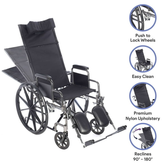 ProHeal Premium 18” Reclining Wheelchair with Elevating Legrests, Headrest Support, Removable Desk Arms, - 300LB Capacity
