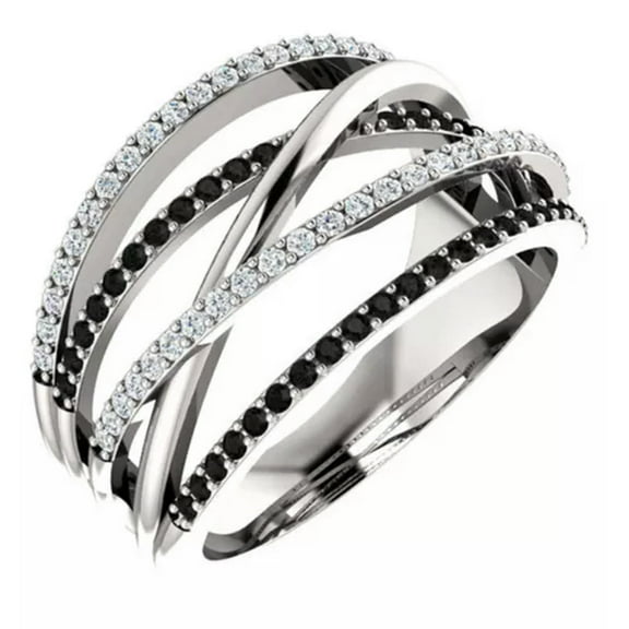 K-KED 925 Sterling Silver Crystal Zircon Lines Rings Women Wedding Delicate Jewelry Size 6-10-8-Black Clear Crystal