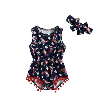 

4th of July American Flag Boots Baby Girl Western Cow Print Romper Sleeveless Tassel Bodysuit Jumpsuit Headband